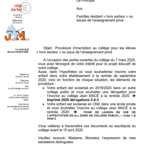 Courrier affectation familles hors secteur ou issues du privé